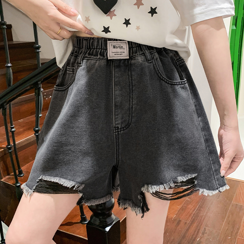 實拍 黑色牛仔短褲女寬松高腰闊腿毛邊遮肉顯瘦大碼女裝胖mm230斤