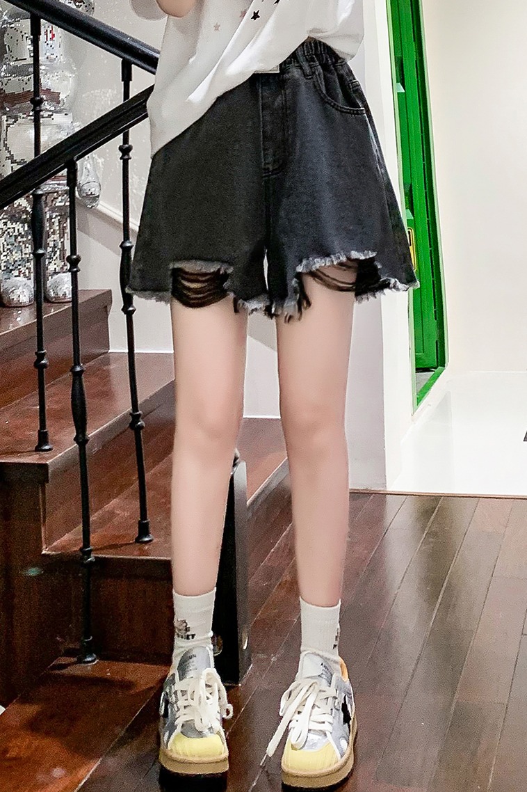 實拍 黑色牛仔短褲女寬松高腰闊腿毛邊遮肉顯瘦大碼女裝胖mm230斤