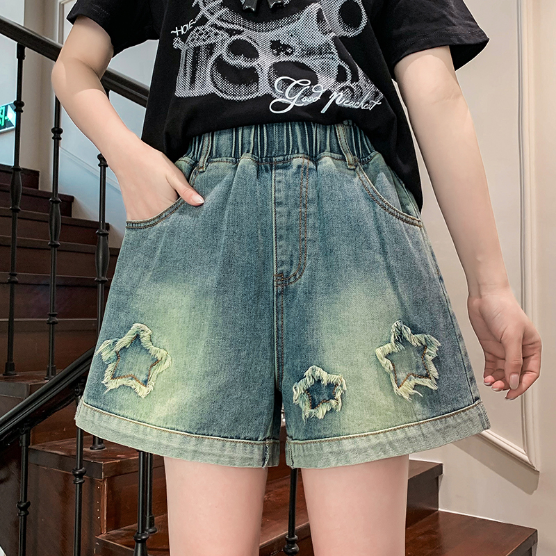 實拍 星星牛仔短褲女寬松緊高腰闊腿遮肉顯瘦加大碼女裝胖mm230斤