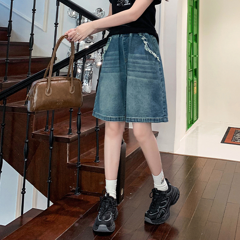 實拍 牛仔短褲五分寬松緊高腰直筒闊腿顯瘦加肥大碼女裝230斤胖mm