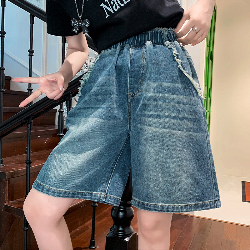實拍 牛仔短褲五分寬松緊高腰直筒闊腿顯瘦加肥大碼女裝230斤胖mm
