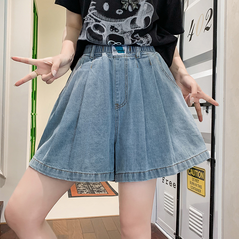 實拍 牛仔短褲女寬松緊高腰直筒闊腿褲百搭顯瘦加肥大碼女裝230斤