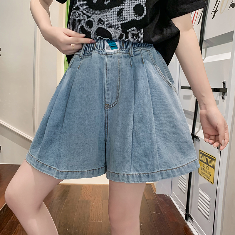 實拍 牛仔短褲女寬松緊高腰直筒闊腿褲百搭顯瘦加肥大碼女裝230斤