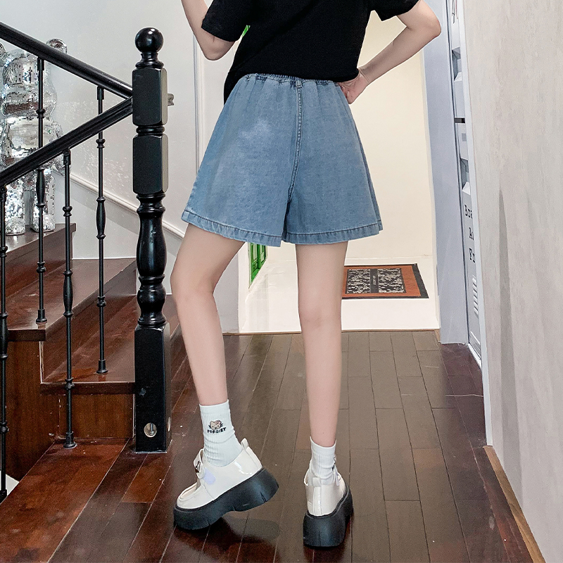 實拍 牛仔短褲女寬松緊高腰直筒闊腿褲百搭顯瘦加肥大碼女裝230斤