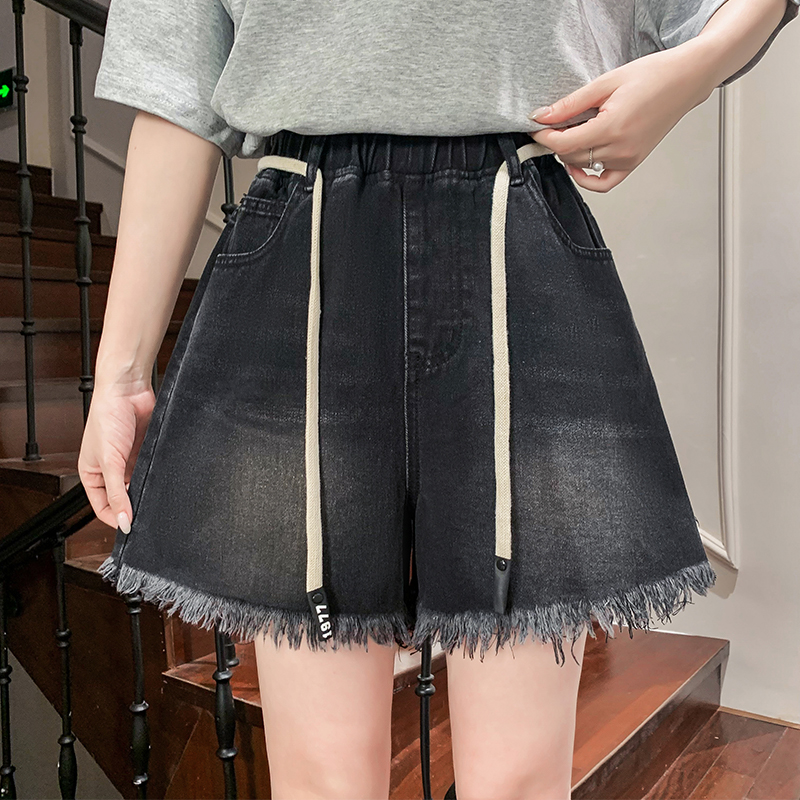 實拍 黑色牛仔短褲女毛邊寬松高腰闊腿遮肉顯瘦大碼女裝胖mm230斤
