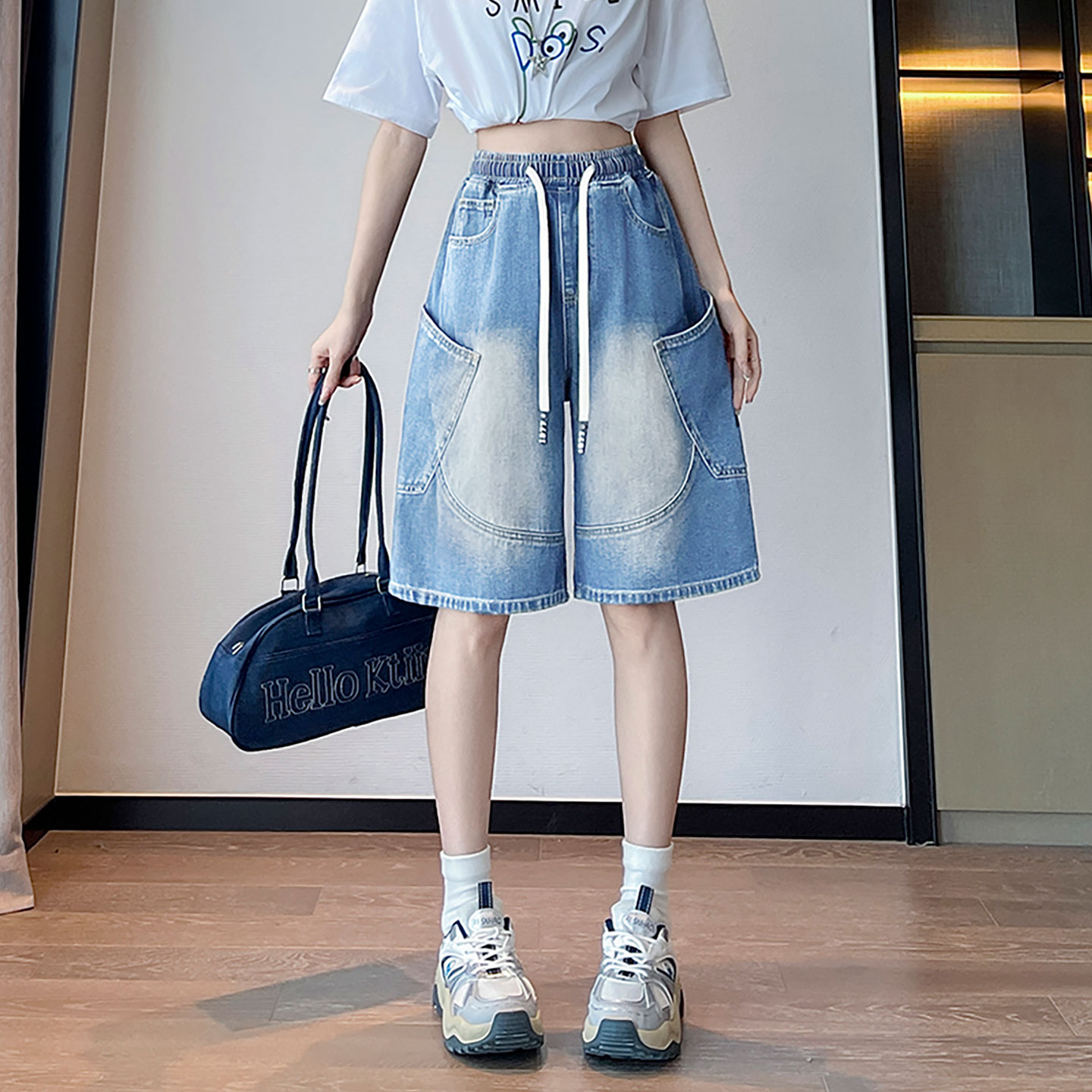 實拍 牛仔短褲女五分中褲直筒寬松闊腿遮肉顯瘦大碼女裝胖mm230斤
