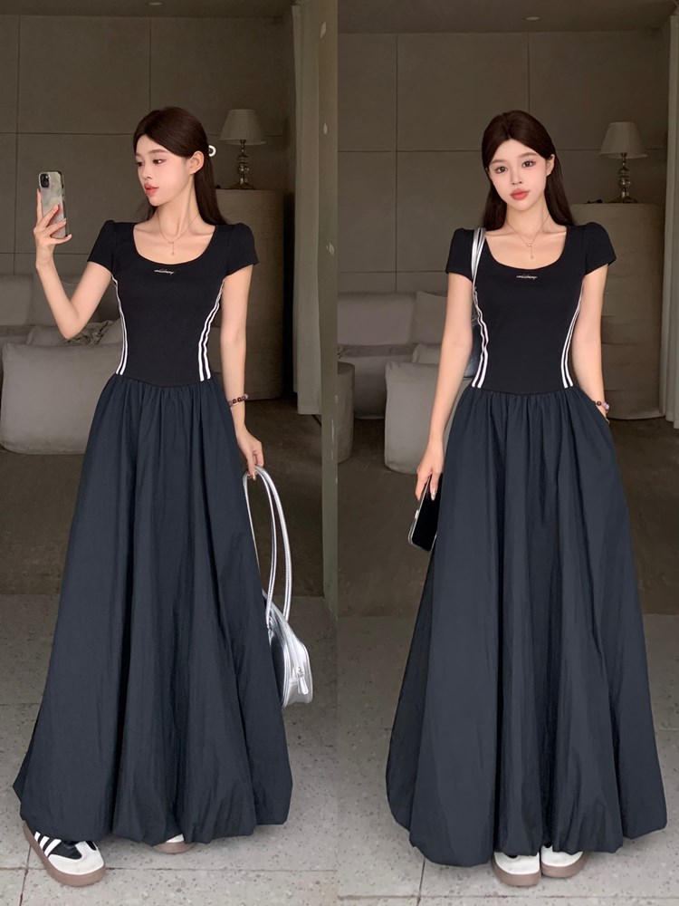 法式方领短袖连衣裙女2025夏季新款胖mm设计感拼接显瘦长裙子 服裝批發女裝批發服飾貨源