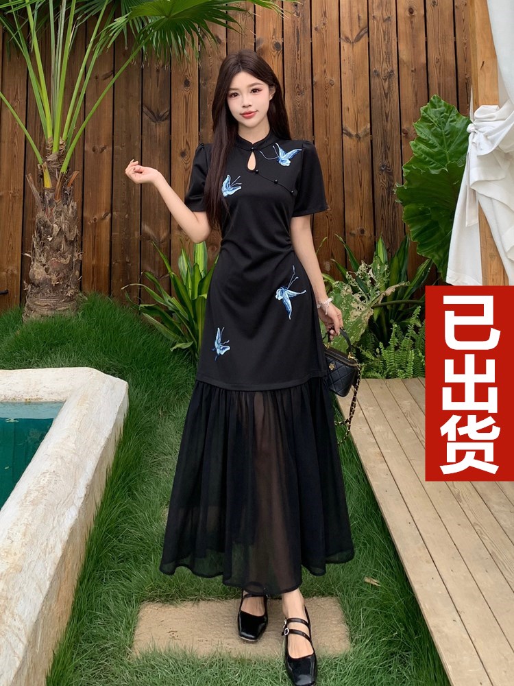 MY10383# 新中式气质蝴蝶连衣裙女装夏季新款胖mm国风高级显瘦长裙女裝貨源服裝批發