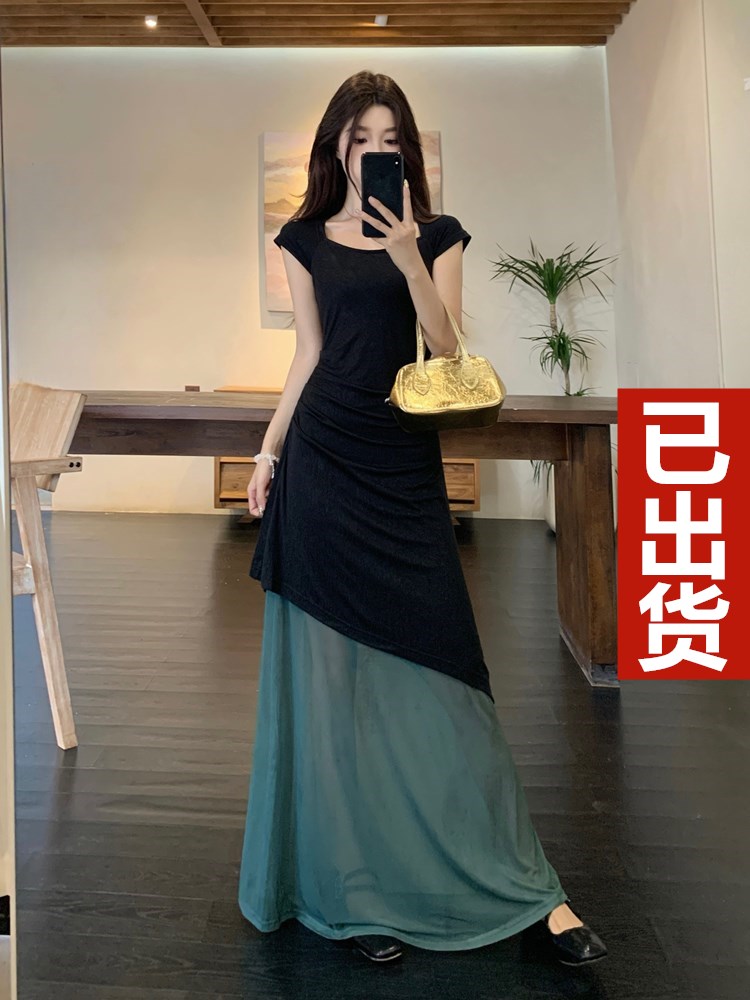 MY10384# 超好看连衣裙女夏季2025新款胖mm轻奢高级感拼接长裙子女裝貨源服裝批發