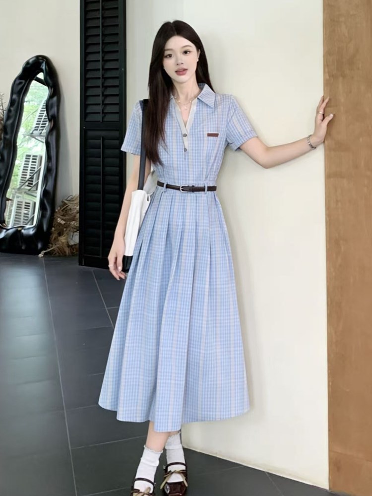 RY2083# 2026夏季新款大码法式气质通勤蓝色设计感收腰格纹短袖连衣裙