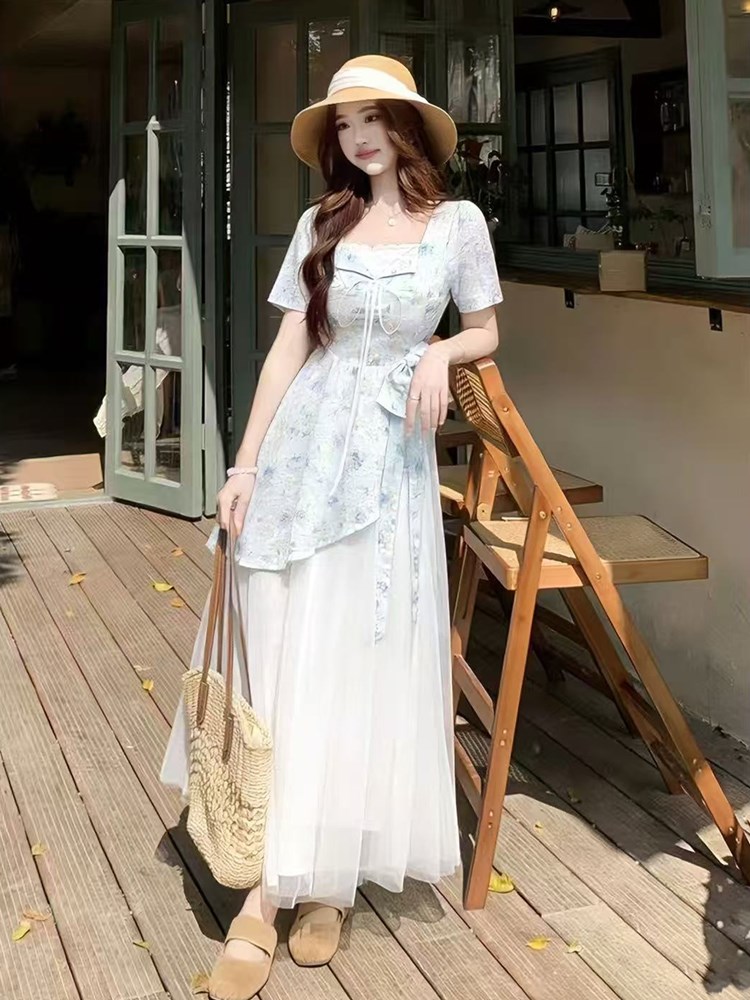 RY3375# 2026夏季新款假两件方领大码设计感拼接网纱甜美蝴蝶结长连衣裙子