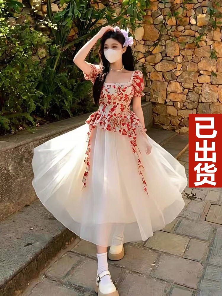 RY5855# 2026夏新款假两件网纱拼接碎花方领连衣裙微胖大码设计感方...