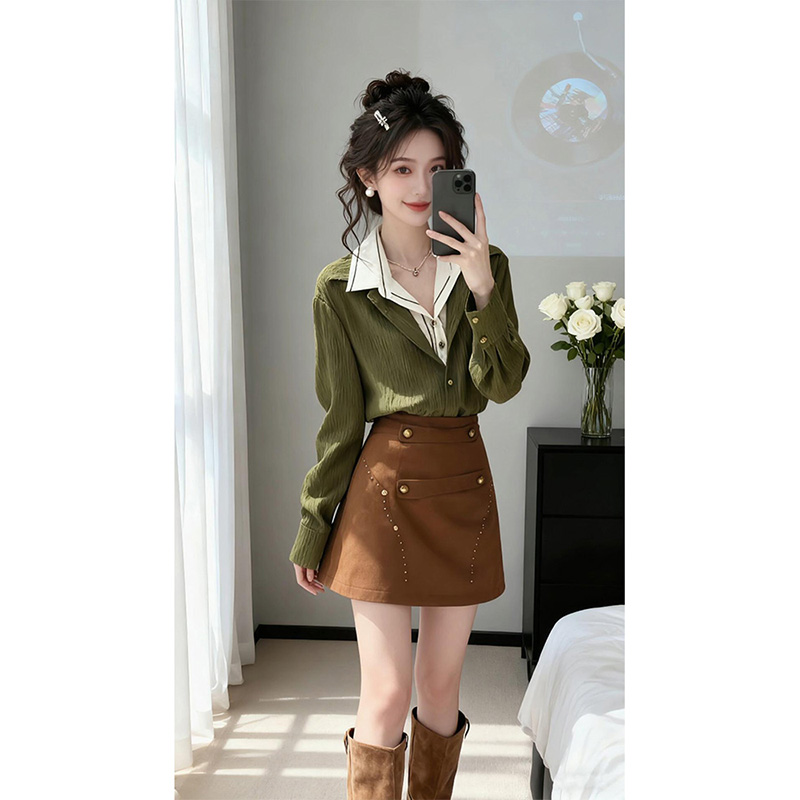 RY1279# 法式轻熟风绿色假两件长袖衬衫上衣高腰显瘦半身裙套装