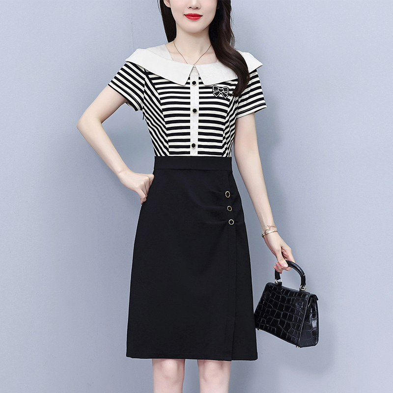RY2352# 条纹拼接时尚洋气连衣裙女夏季2026新款设计感收腰减龄包臀...