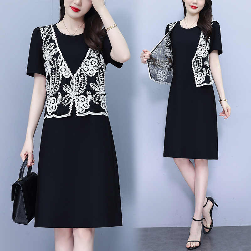 MY8097# 时尚洋气减龄假两件刺绣外搭短袖连衣裙女夏季遮肉显瘦A字裙女裝貨源服裝批發
