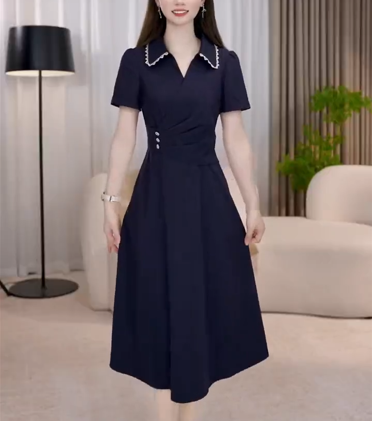 RY2350# 新中式大码短袖连衣裙女夏季新款气质中长款收腰显瘦中年妈妈裙...