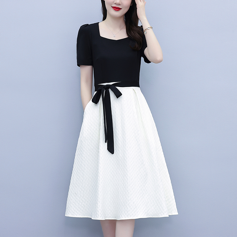 RY2347# 大码高端假两件连衣裙女2026夏新款小个子方领气质短袖黑白...