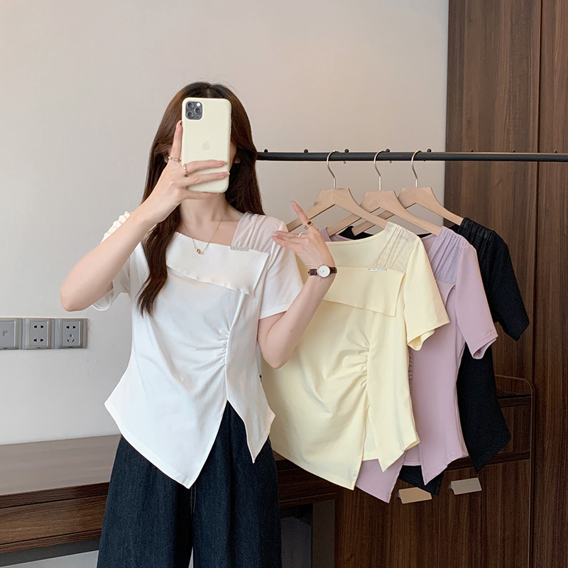 MY9378# 夏装新款胖mm大码女设计感斜领不规则修身显瘦短袖T恤女裝貨源服裝批發