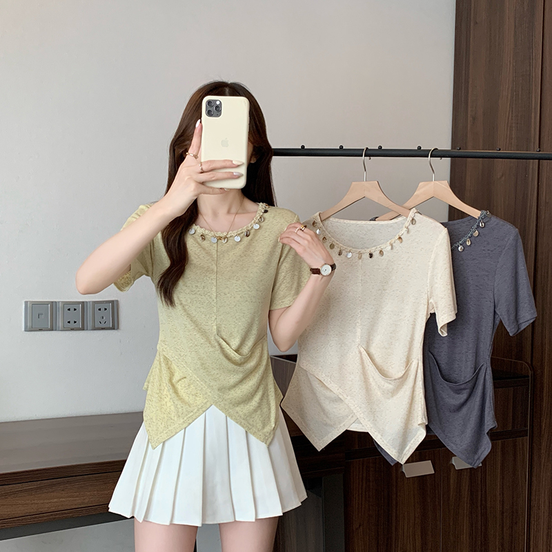 MY9388# 夏装新款胖mm大码女时尚设计感流苏贝壳不规则短袖T恤女裝貨源服裝批發