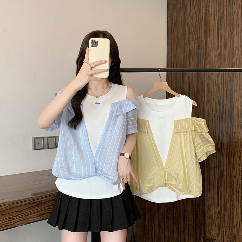 MY10623# 夏装新款胖mm大码女休闲设计感撞色拼接露肩短袖T恤女裝貨...