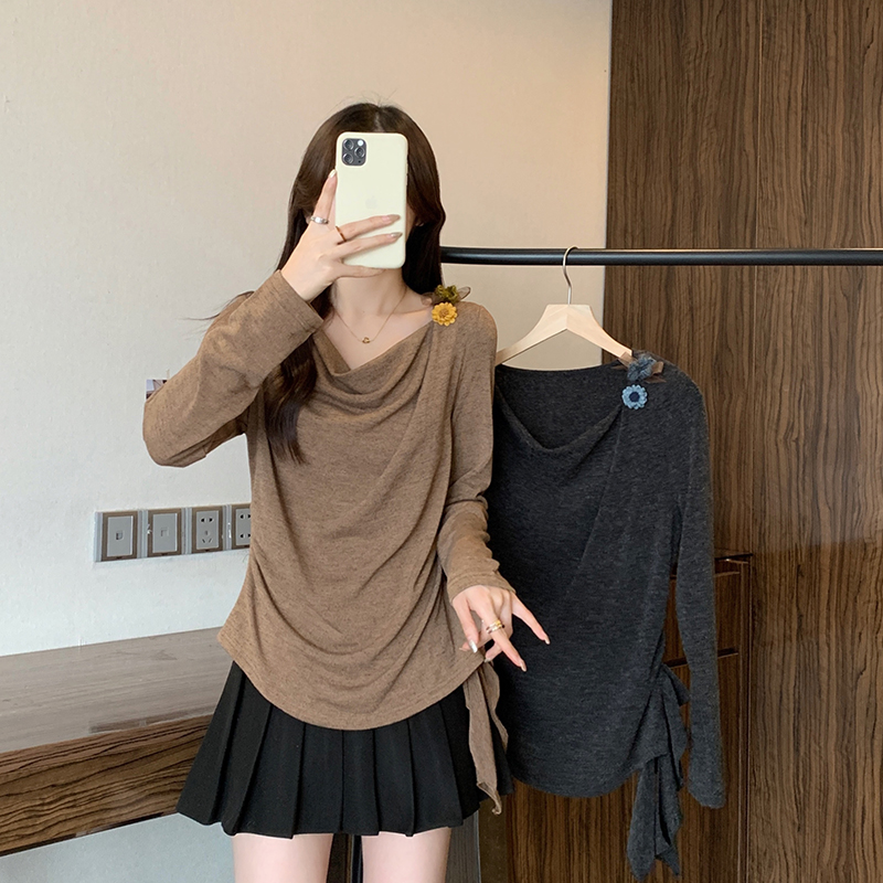 MY14349# 新款胖mm大码女时尚荡领不规则修身显瘦内搭长袖上衣女裝貨...