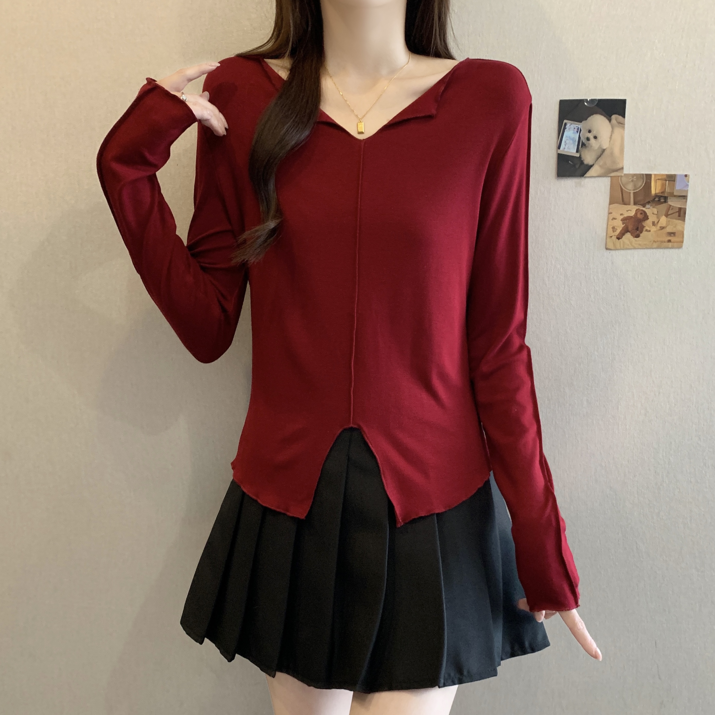 MY12941# 胖MM新款长袖T恤女抽褶开衩小众修身显瘦设计感打底衫女裝...