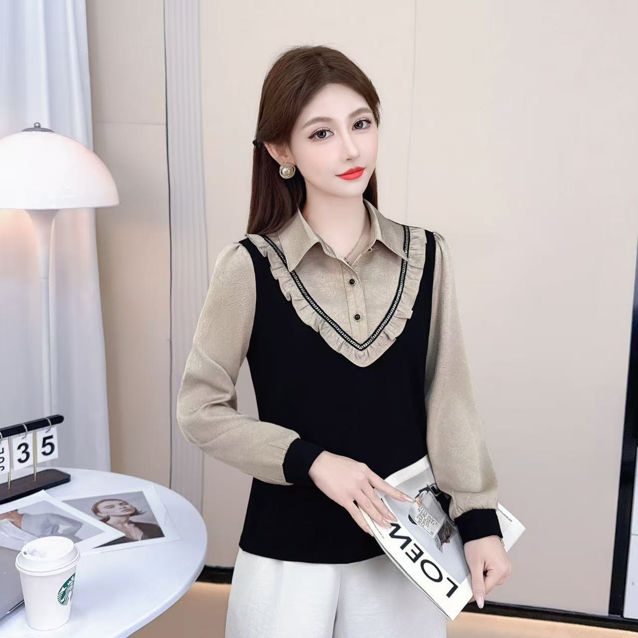 2025秋季新款時尚百搭假兩件長袖襯衫女寬松顯瘦減齡上衣打底衫潮