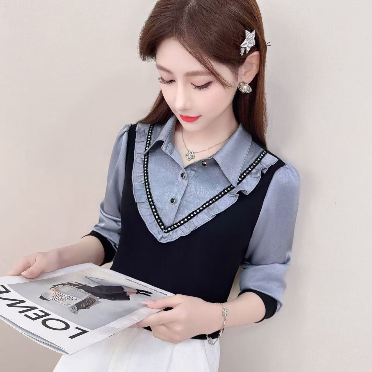 2025秋季新款時尚百搭假兩件長袖襯衫女寬松顯瘦減齡上衣打底衫潮