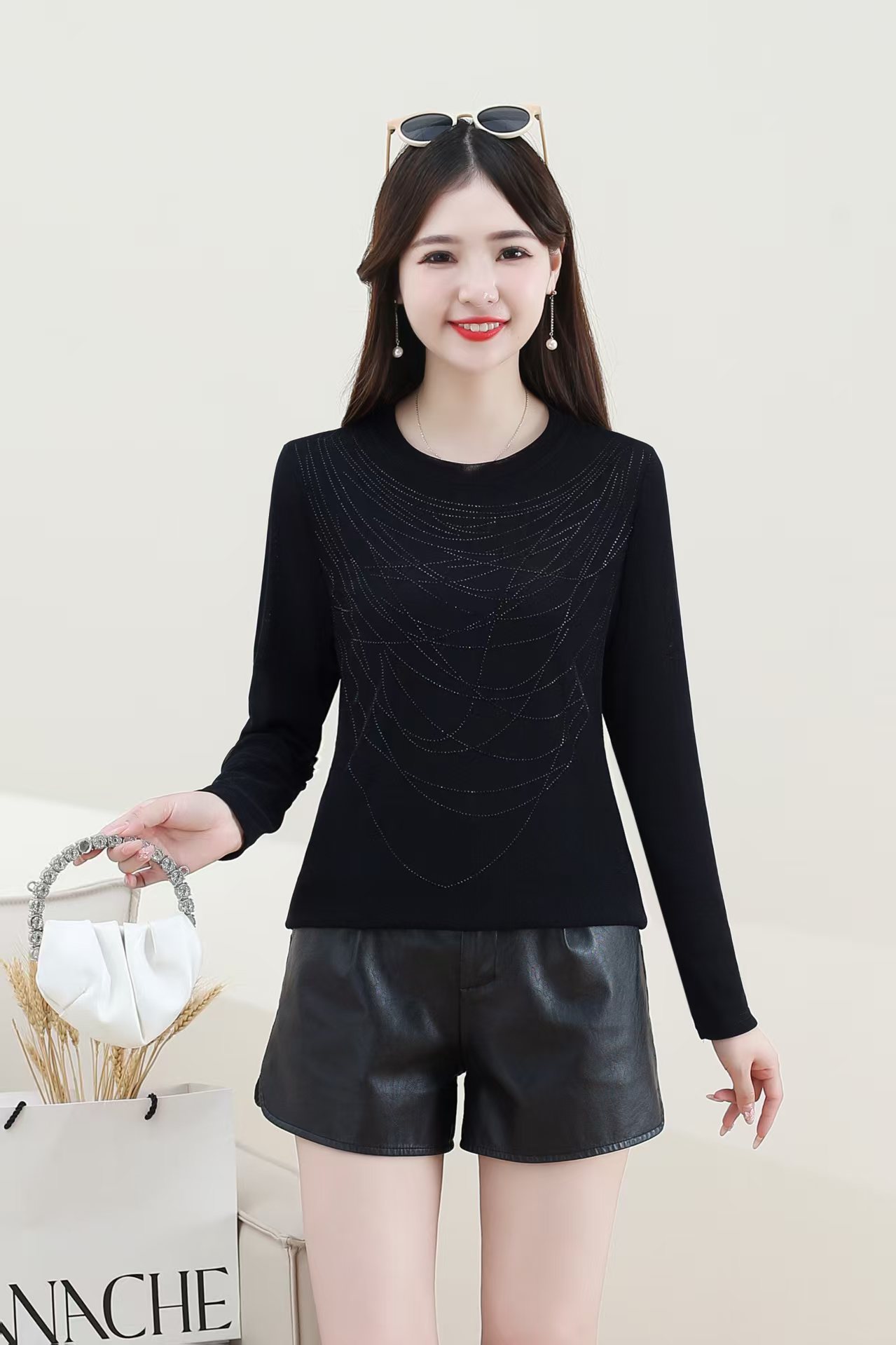 燙鉆打底衫女2025秋冬新款氣質修身內搭外穿長袖針織衫T恤上衣潮