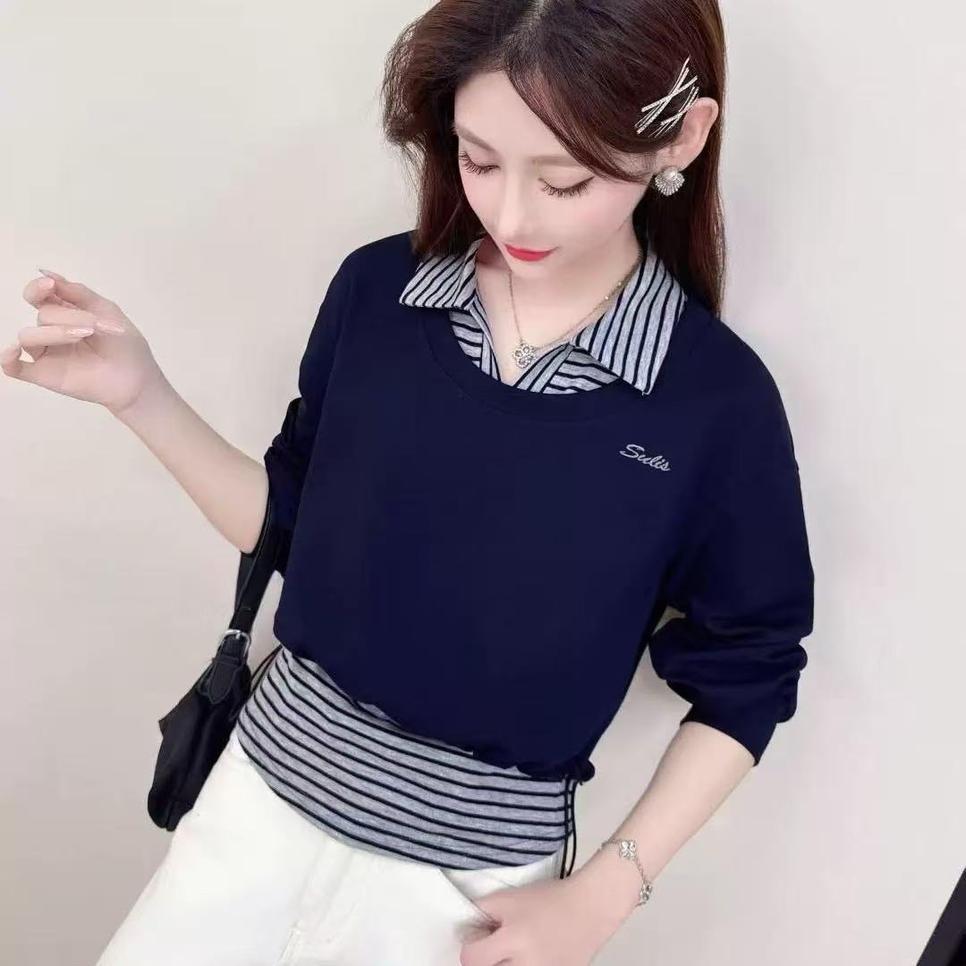 條紋POLO領兩件套衛衣女春秋裝2025新款短款寬松休閑灰色洋氣上衣