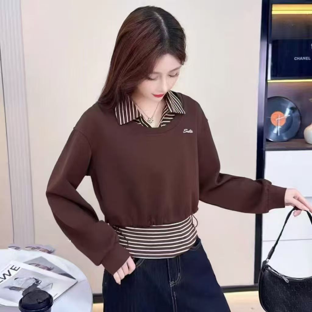 條紋POLO領兩件套衛衣女春秋裝2025新款短款寬松休閑灰色洋氣上衣