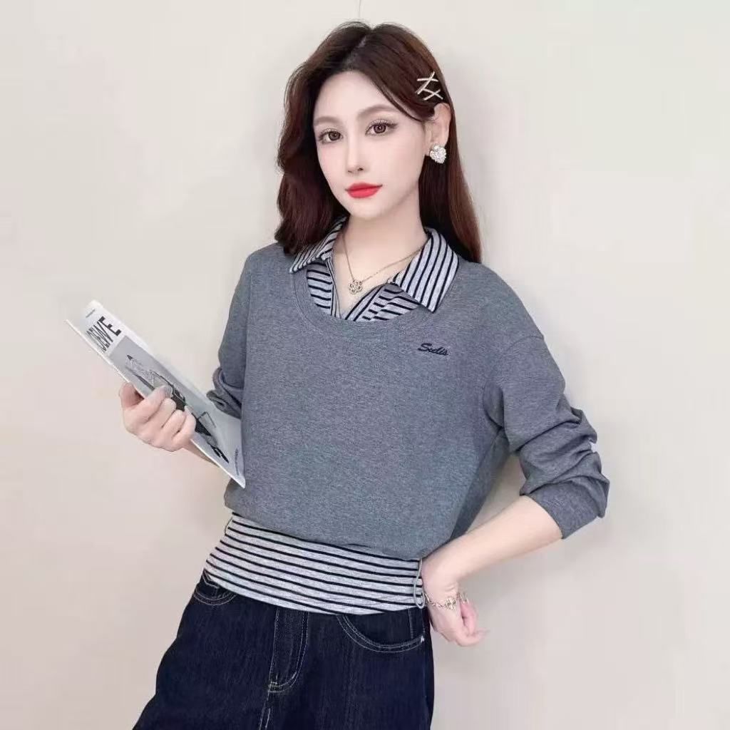 條紋POLO領兩件套衛衣女春秋裝2025新款短款寬松休閑灰色洋氣上衣