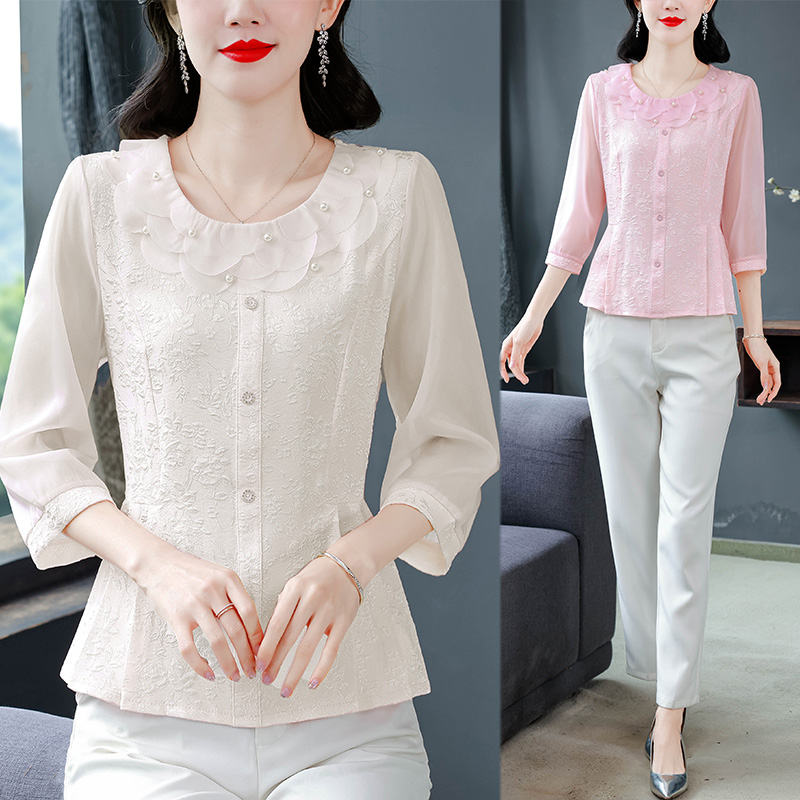 MY16249# 七分袖雪纺衫女花瓣领衬衫漂亮小衫洋气减龄遮肚子上衣女裝貨源服裝批發