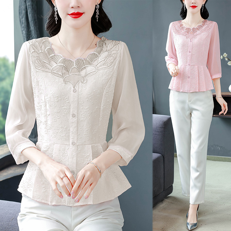 MY17542# 七分袖提花雪纺衫女花瓣领漂亮小衫洋气减龄遮肚子上衣女裝貨...