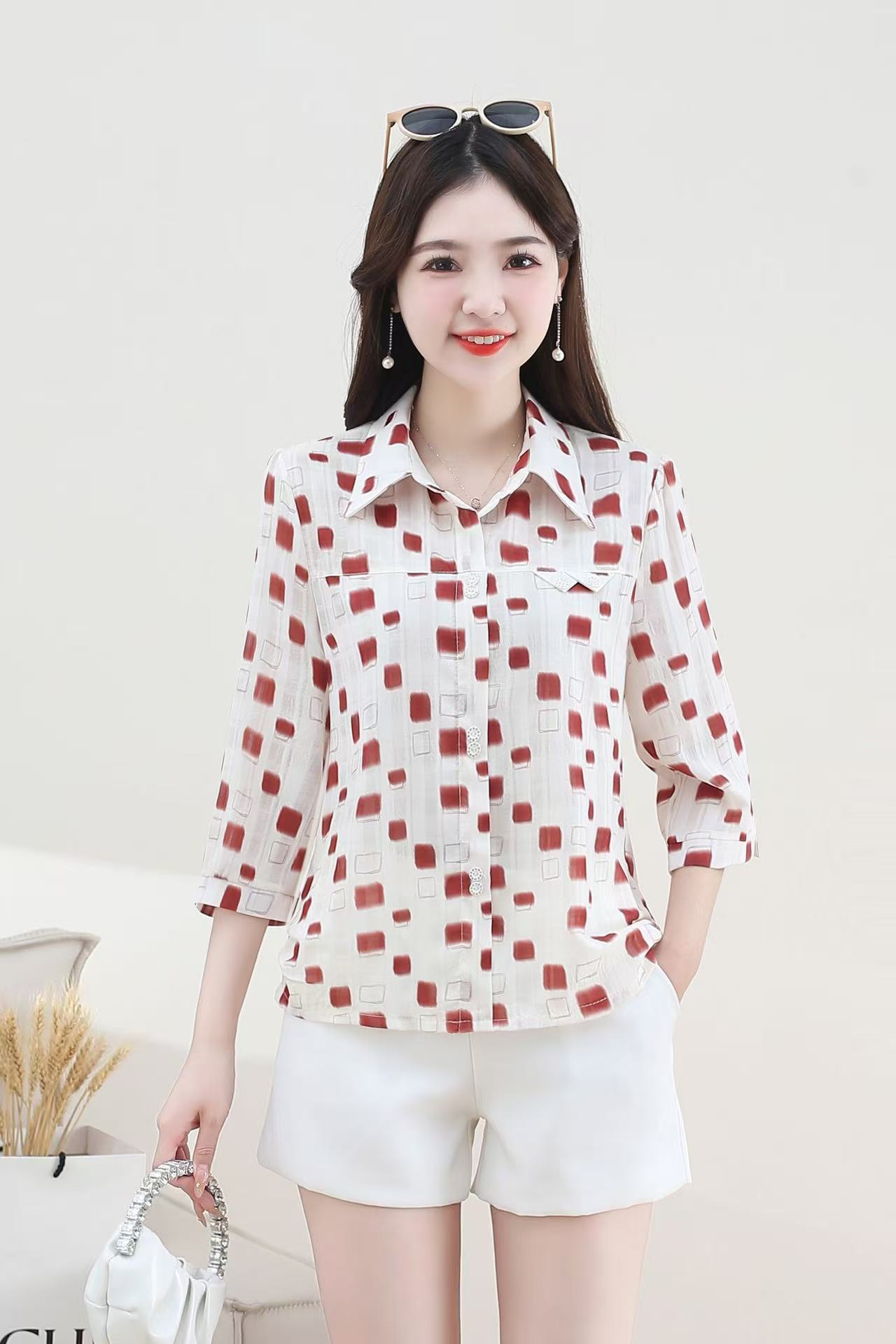 MY17541# 印花雪纺衬衫女七分袖新款洋气休闲百搭上衣女装翻领衬衣女裝貨源服裝批發