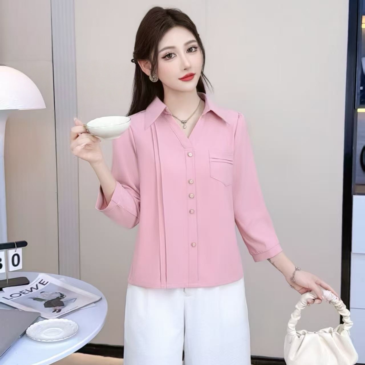 MY17540# 法式翻领七分袖衬衫新款高级感洋气衬衣百搭小衫雪纺上衣女裝貨源服裝批發