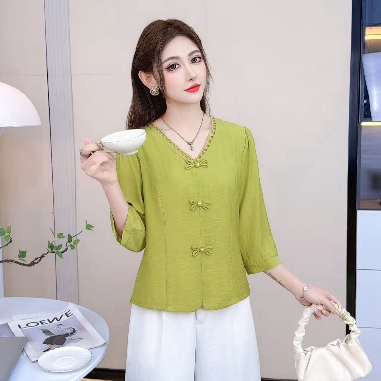 MY17538# 国风盘扣雪纺衬衫女七分袖新款收腰气质小衫修身短款上衣女裝貨源服裝批發