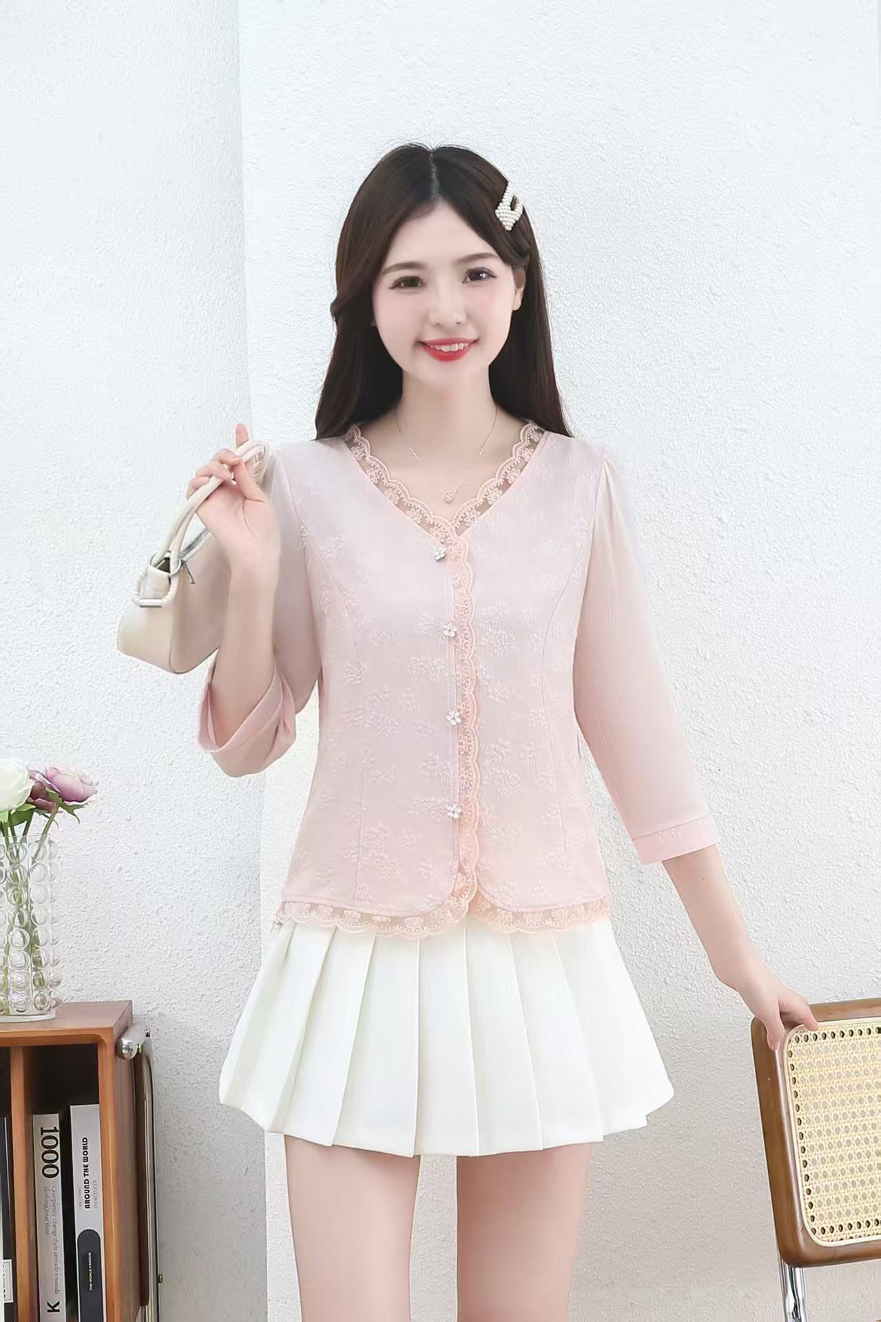 MY17537# 七分袖雪纺女衬衫轻奢高级感木耳边小衫新款法式短款上衣女裝...