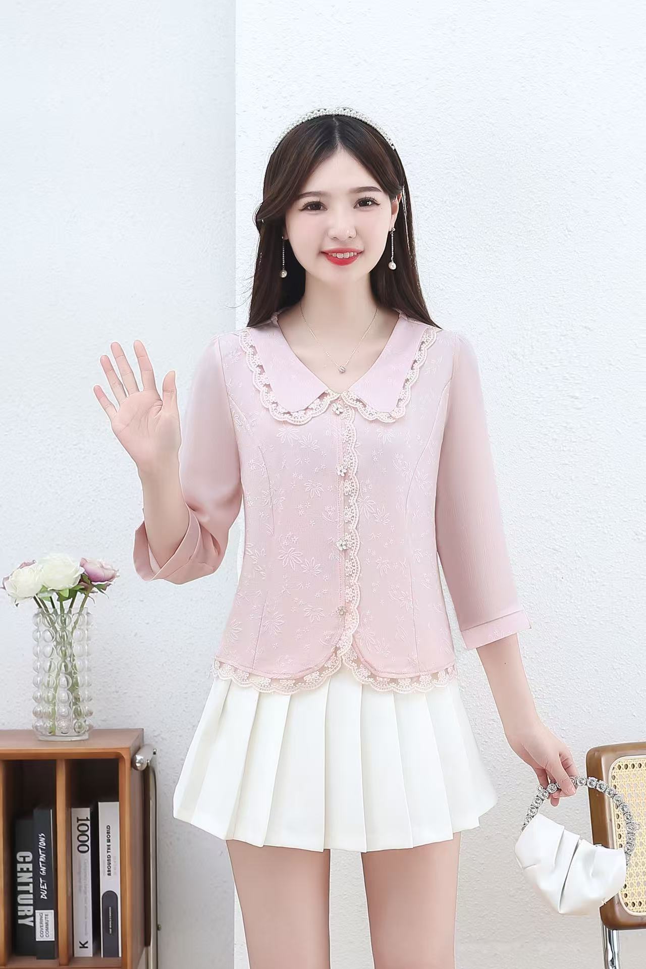 MY17536# 法式时尚娃娃领七分袖雪纺衬衫新款漂亮减龄小衫高档洋气女裝貨源服裝批發