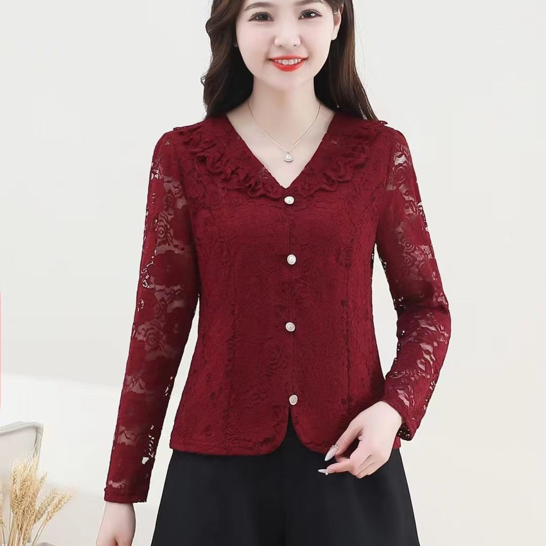 MY17535# 韩版设计感小香风花边娃娃领蕾丝长袖气质减龄气质小衫女裝貨源服裝批發