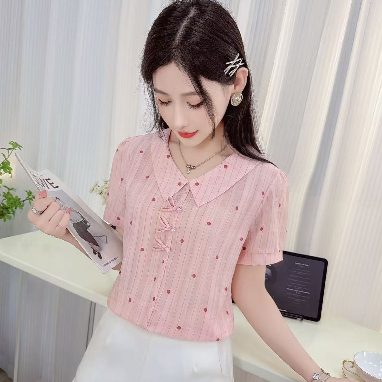 RY3458# 娃娃领波点衬衫女2026夏季新款显瘦洋气小衫气质减龄T恤雪...