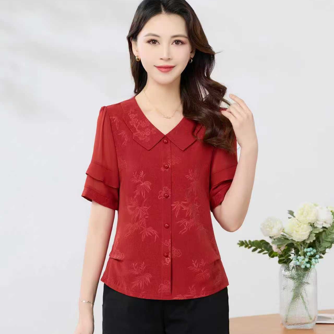 RY3457# 2026夏新款提花雪纺短袖小衫洋气显瘦T恤拼接翻领提花雪纺...