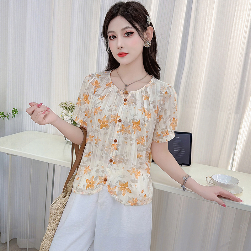RY3456# 实拍法式碎花雪纺衬衫女装短袖2026夏季新款宽松短款上衣气...