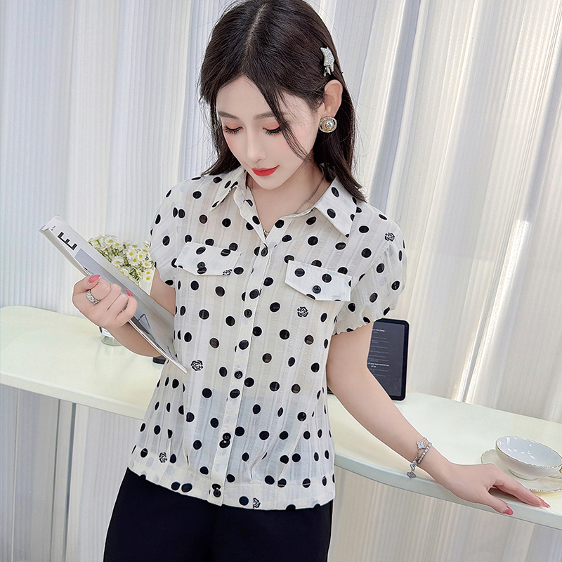 RY3454# 实拍波点POLO领短袖衬衫女2026年新款夏季气质小衫设计...