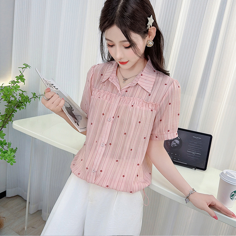 RY3455# 实拍2026夏季新款翻领波点设计短袖衬衫精致气质遮肉百搭外...
