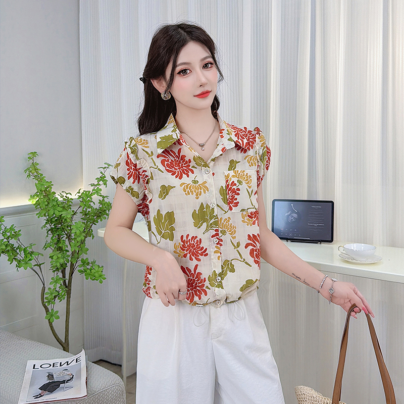 RY3452# 实拍2026夏季新款翻领碎花设计短袖衬衫韩版精致气质遮肉百...