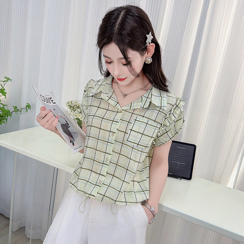 RY3451# 实拍时尚飞飞袖格子衬衫2026夏季新款减龄显瘦遮肚宽松上衣...