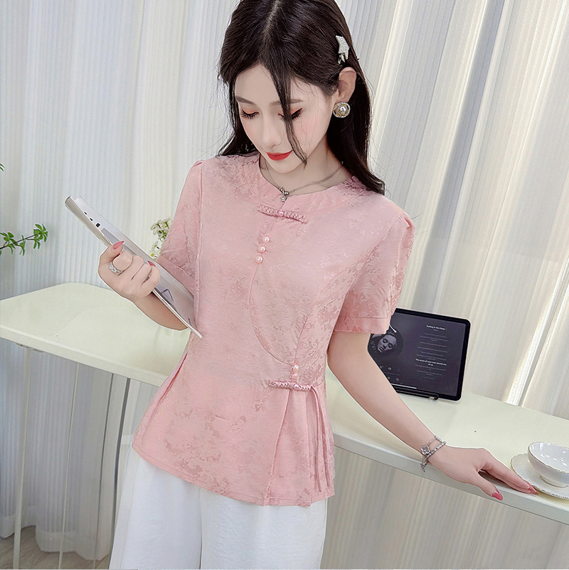 RY3450# 实拍国风衬衫女装短袖收腰小衫2026夏季新款缎面提花新中式...