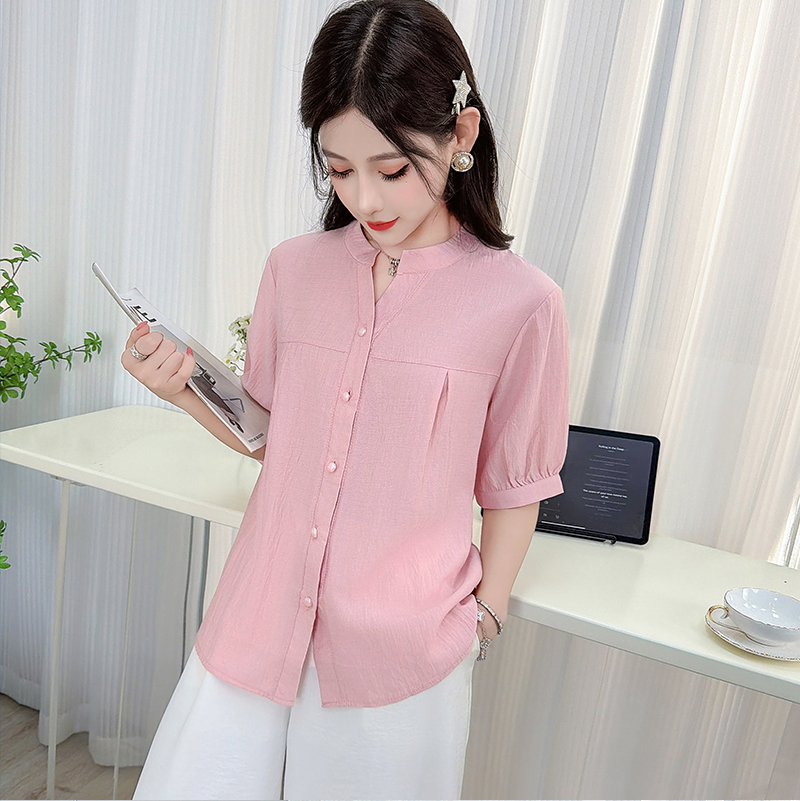 RY3449# 实拍大码棉麻短袖衬衫女2026夏装新款宽松遮肚子显瘦上衣