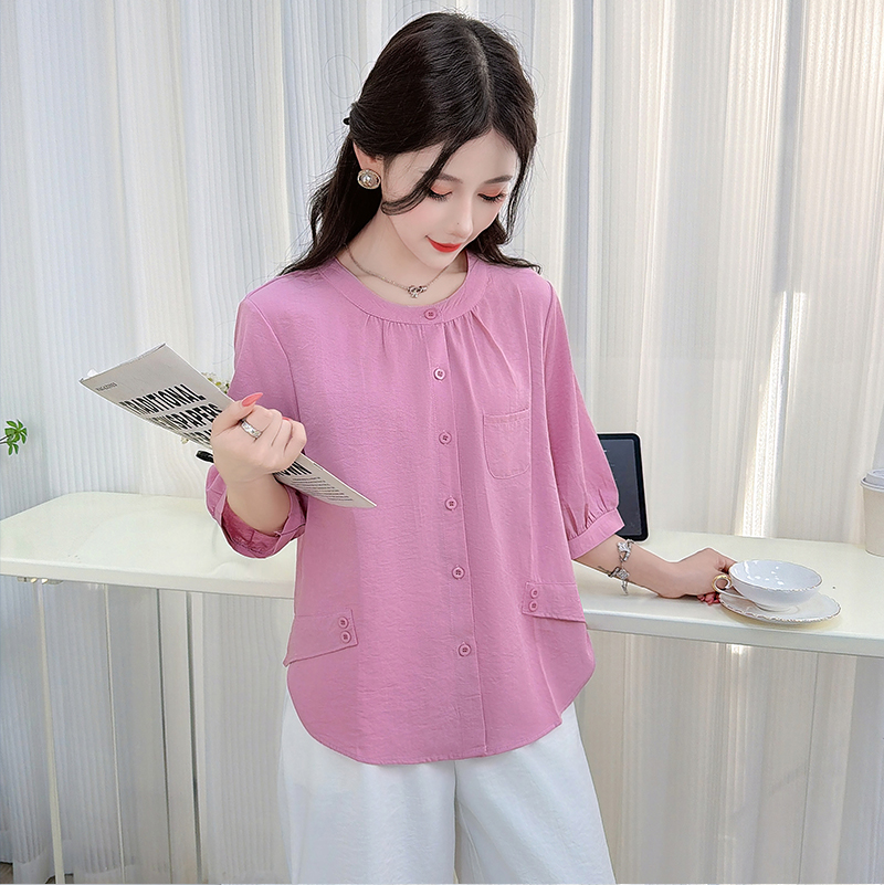 RY3448# 实拍时尚圆领大码棉麻衬衫2026夏季新款遮肉显瘦宽松百搭上...